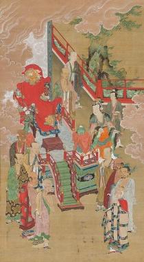 柄香炉を持つ天部の先導に導師が歩みを進め、須弥壇の前で羅漢たちは導師を静かに待っている。