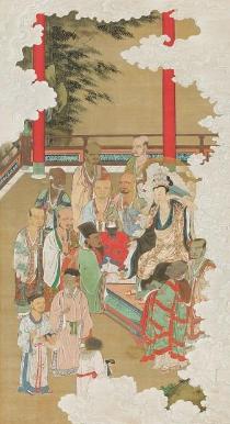 中国の僧・宝誌が皇帝から派遣された絵師たちに自分の真影を見せるといって、自らの顔を割き十一面観音の姿を現したという故事を描く。