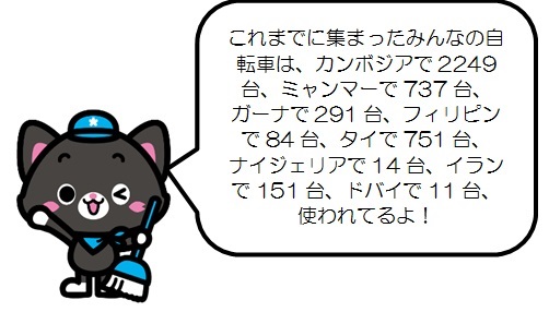 これまでに集まったみんなの自転車は、カンボジアで2025台、ミャンマーで737台、ガーナで265台、フィリピンで63台、タイで663台、ナイジェリアで14台、イランで151台、使われてるよ！