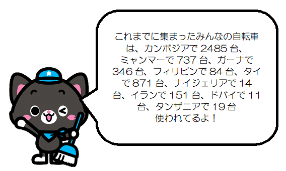 これまでに集まったみんなの自転車は、カンボジアで2025台、ミャンマーで737台、ガーナで265台、フィリピンで63台、タイで663台、ナイジェリアで14台、イランで151台、使われてるよ！