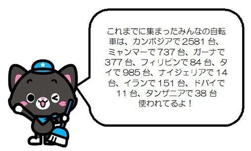これまでに集まったみんなの自転車は、カンボジアで2025台、ミャンマーで737台、ガーナで265台、フィリピンで63台、タイで663台、ナイジェリアで14台、イランで151台、使われてるよ！