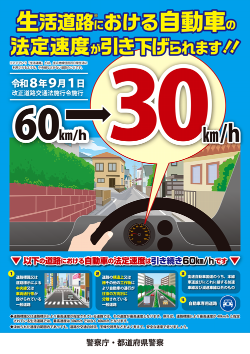 生活道路における自動車の法定速度が引き下げられます