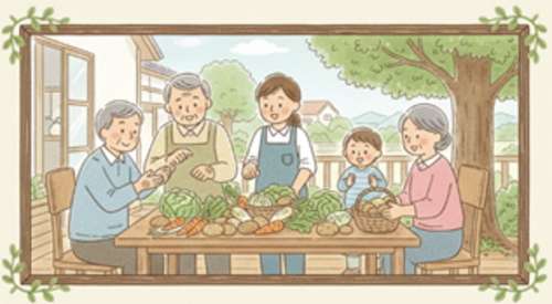 家族が野菜を囲んでいる様子