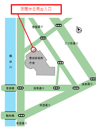 夜間休日用出入り口の地図