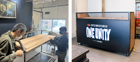 左写真は、ドキュメンタリー映画「ONE UNITY」の劇中にて使用されるDJブースを製作する様子。右写真の「ONE UNITY」の文字は、暗闇でも目立つように、ライトアップされる
