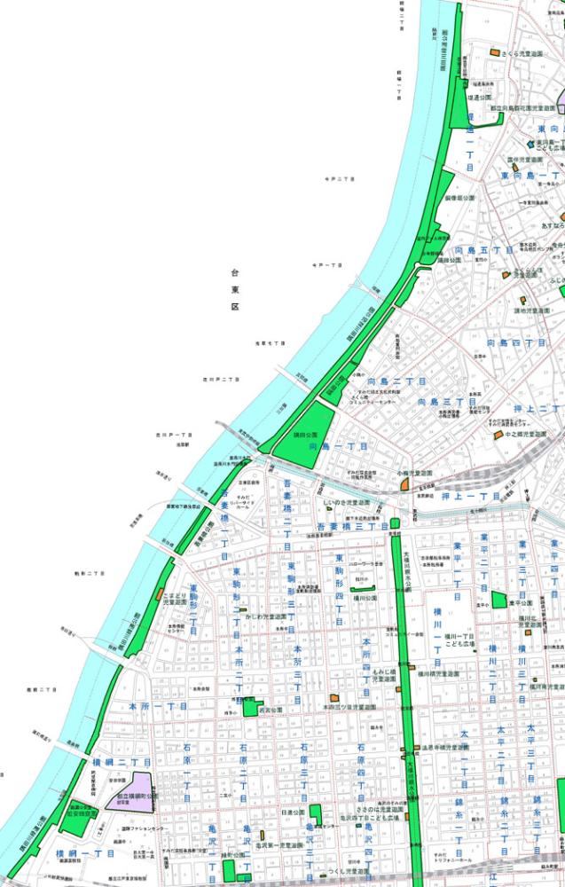 隅田川緑道公園（横網一丁目・二丁目、本所一丁目、東駒形一丁目、吾妻橋一丁目、堤通一丁目）の案内図