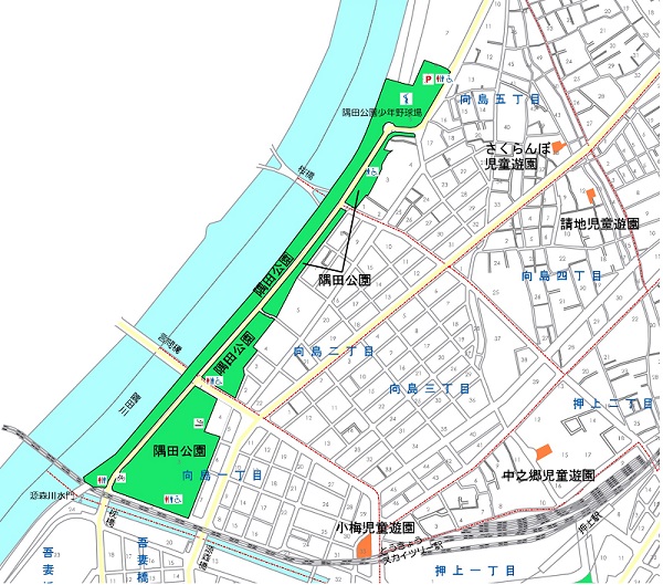 隅田公園（向島一丁目、二丁目、五丁目）の地図